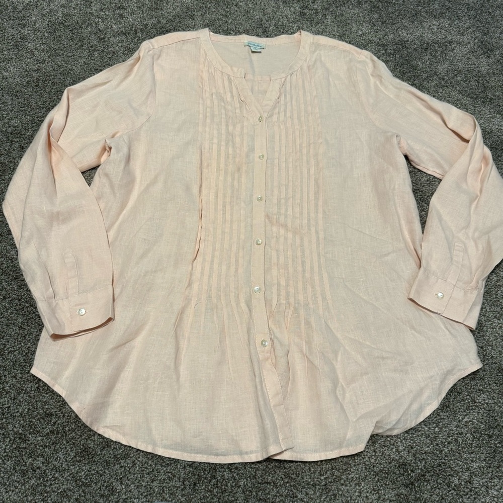 Sundance Size Lrg Warm Breeze Linen Button Front Top Pink Long Sleeve Pleated